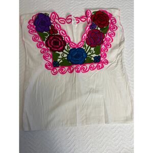 Mexican Embroidered Floral Blouse One Size Fits All Boho Handmade Cotton Top